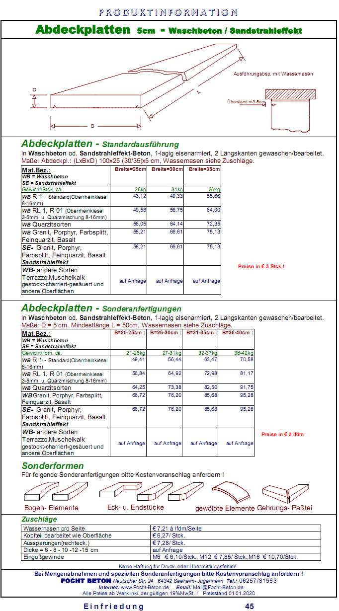 Mauerabdeckplatten Waschbeton/Sandstrahleffekt Preise Maßanfertigung