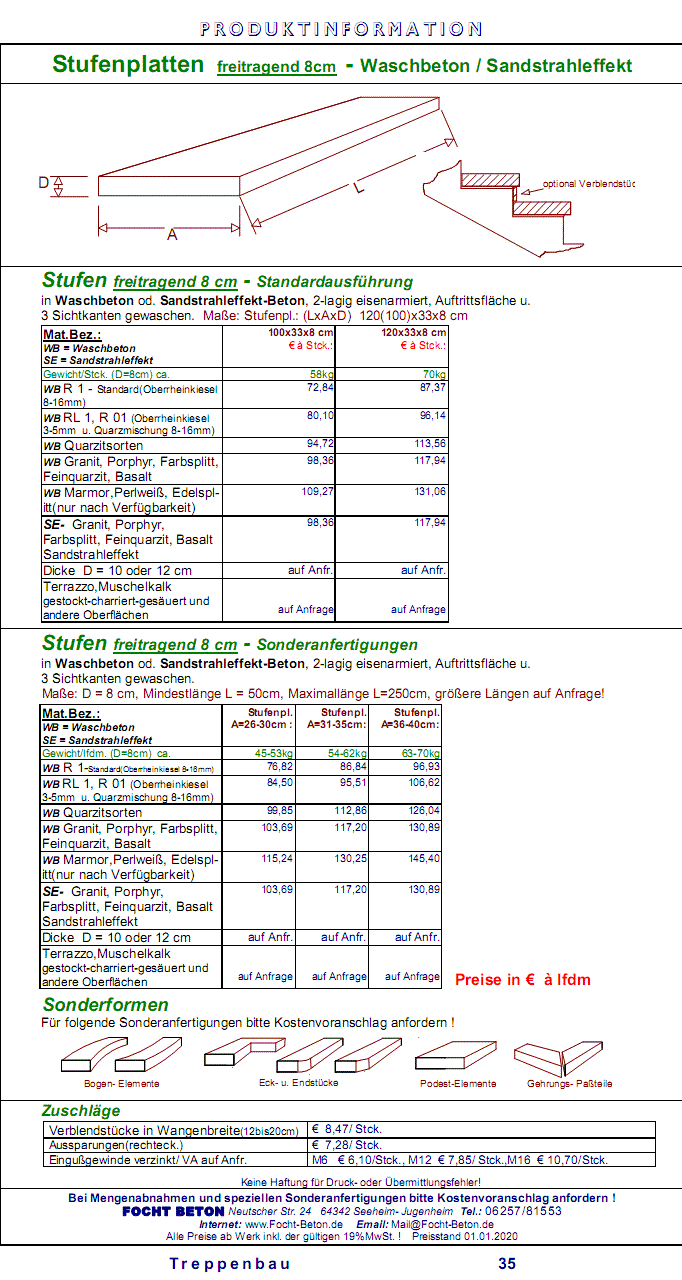 Stufen freitragend Waschbeton Sandstrahleffekt Maßanfertigung Preisliste