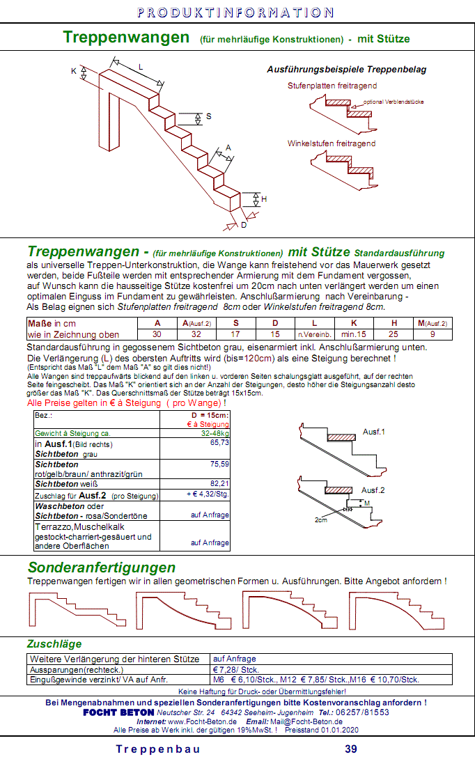 Treppenwange Treppenbalken mit Stütze Maßanfertigung Beton Preise